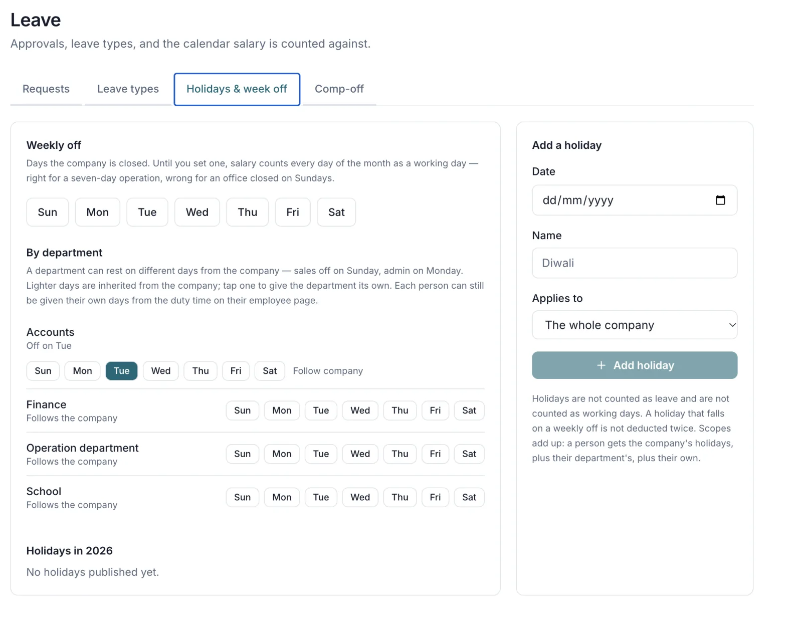 AionHRMS admin console, Leave page, Holidays & week off tab: company weekly off day buttons, an Accounts department set to rest on Tuesday while Finance, Operation and School follow the company, and an Add a holiday form that applies to the whole company, a department or one person
