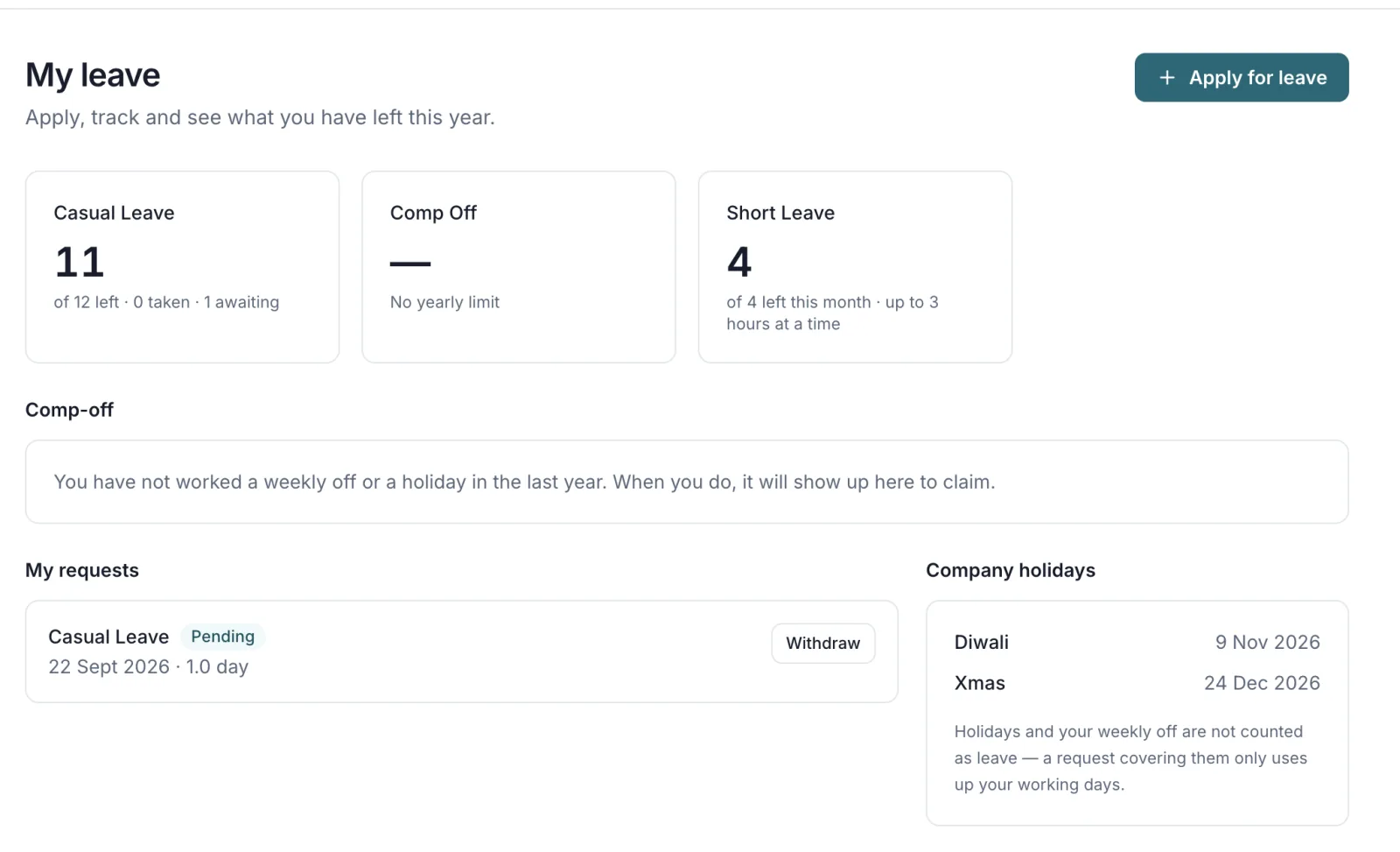 AionHRMS employee portal, My leave page: balance cards for Casual Leave (11 of 12 left, 1 awaiting), Comp Off (no yearly limit) and Short Leave (4 of 4 left this month, up to 3 hours at a time), a pending casual leave request with a Withdraw button, and the company holiday list