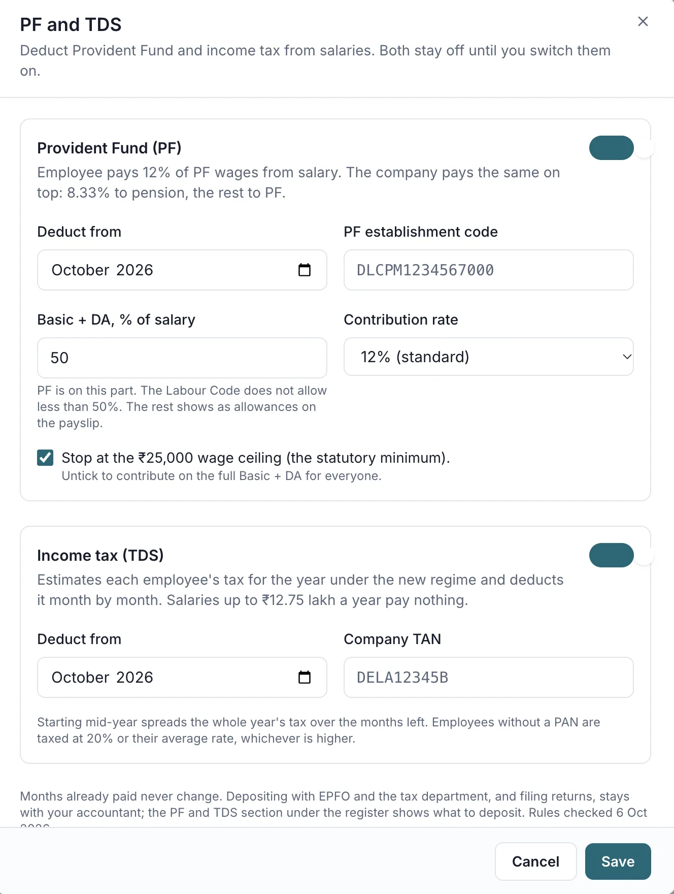 AionHRMS PF and TDS settings dialog: Provident Fund switched on with a start month, PF establishment code, Basic plus DA set to 50 percent of salary, a 12 percent contribution rate and the wage-ceiling option; Income tax (TDS) switched on with a start month and the company TAN